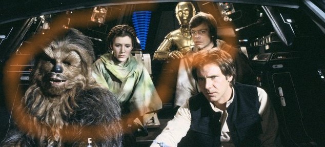 Abourd the Milleniun Falcon, Chewwy, Leia, C3P0 and Luke are circled, sat around the captain.