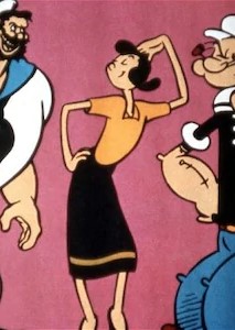 Popeye the sailor and Bluto compete to woo her.